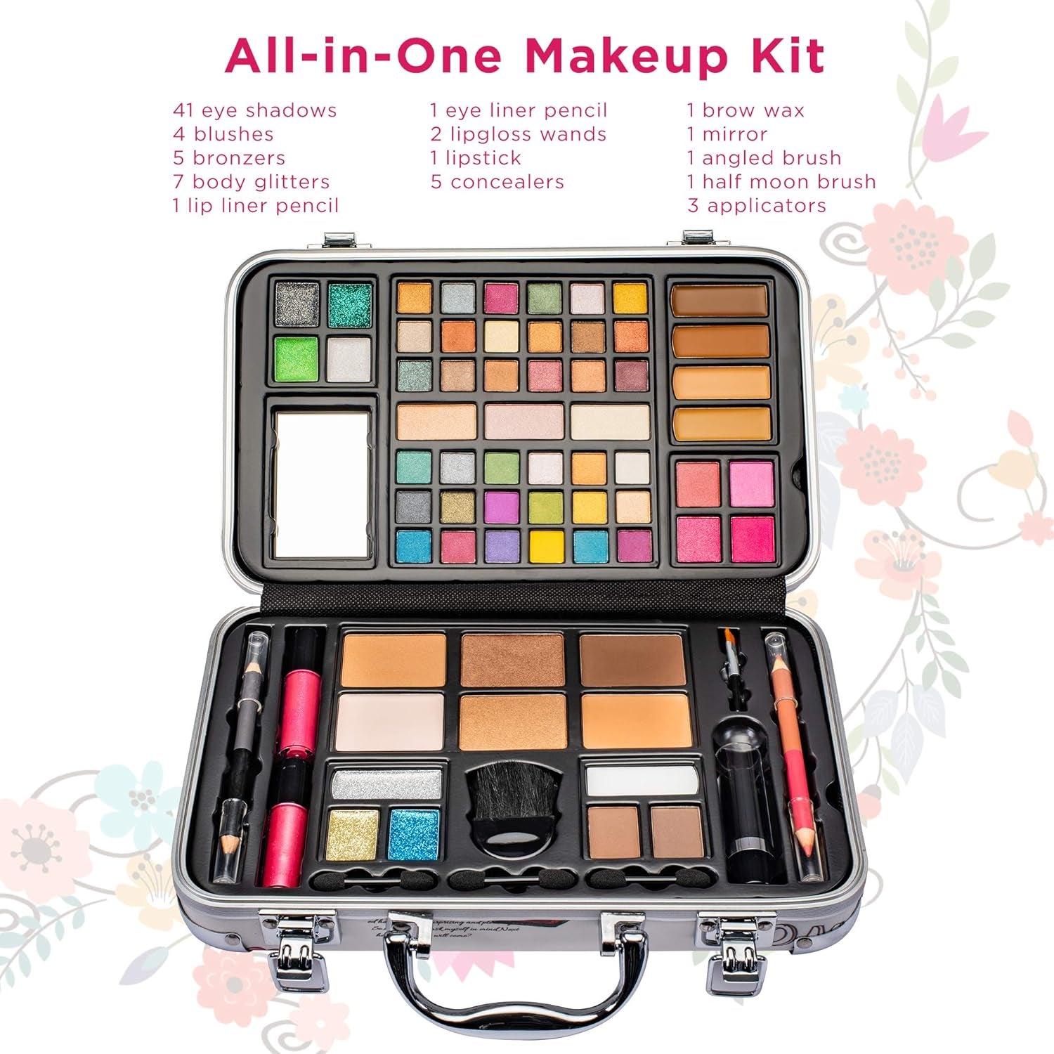 All-in-One Makeup Kit Gift Set – 41 Eyeshadows, 7 Glitters, Lip & Eye Pencils, Lipsticks, Blush, Concealers, Bronzers & Mirror